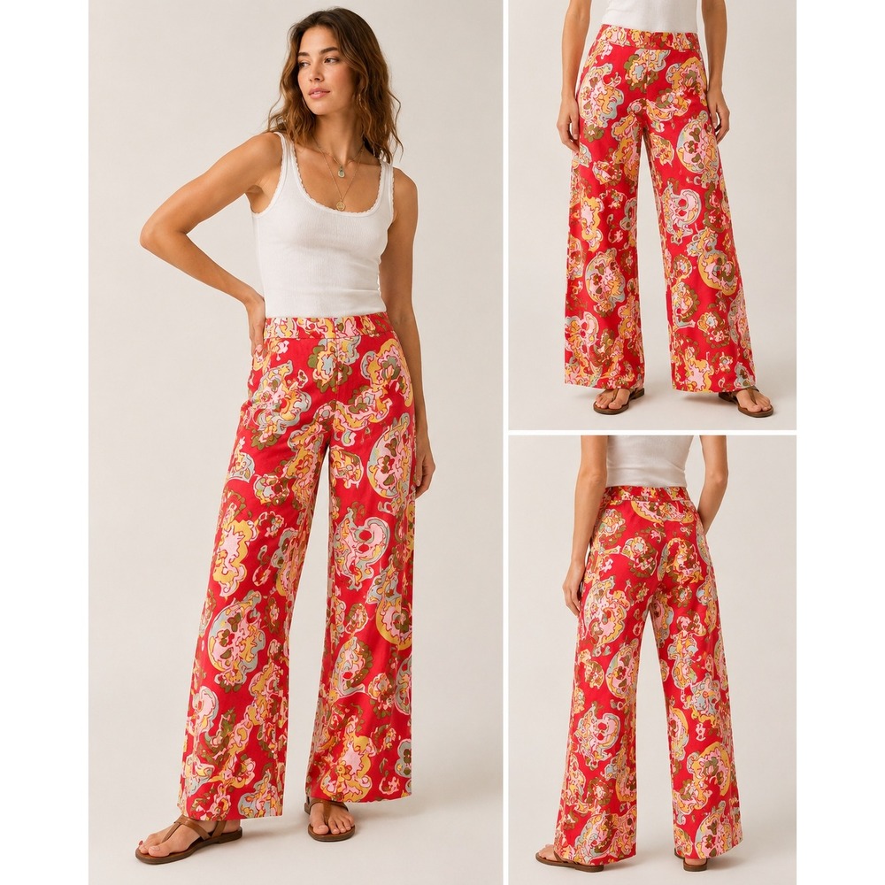 Free People Red Paisley Floral Wide Leg Pants Cotton Side Zip Womens Size 8